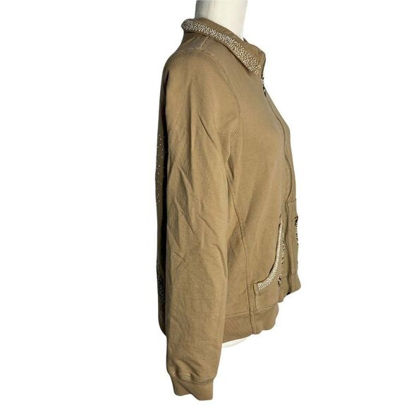 Twisted Heart Beaded Full Zip Sweatshirt M Beige Long Sleeves Pockets Stretch - Picture 7 of 8